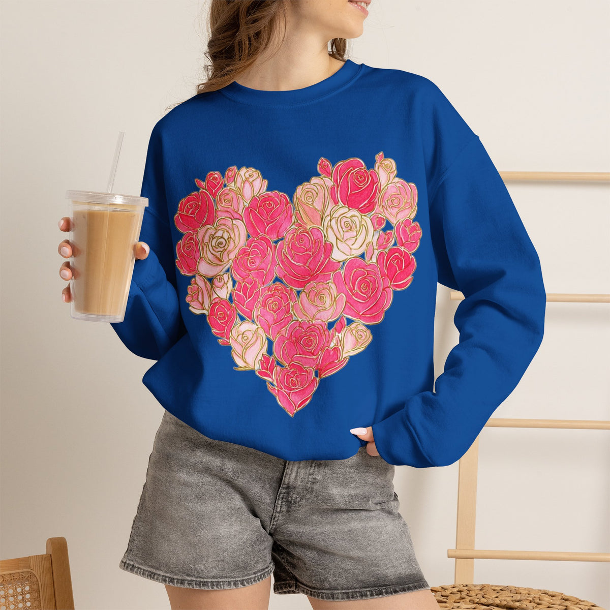 ORVIAN — Floral Rose Heart Crewneck, Romantic Pink Flower Valentine Sweatshirt, Unisex Heavy Blend