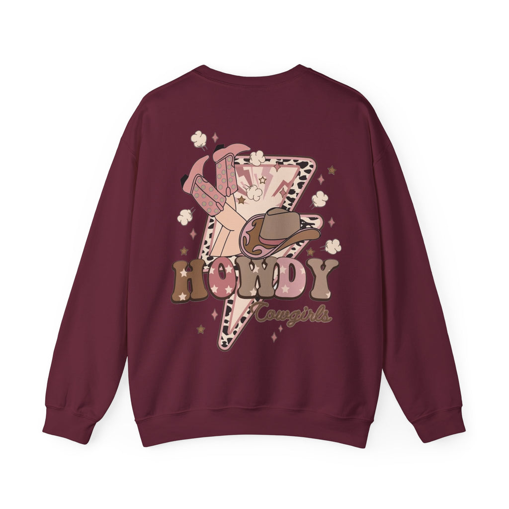 ORVIAN — Howdy Cowgirls Western Crewneck, Leopard Lightning Bolt & Cowgirl Boots Unisex Heavy Blend