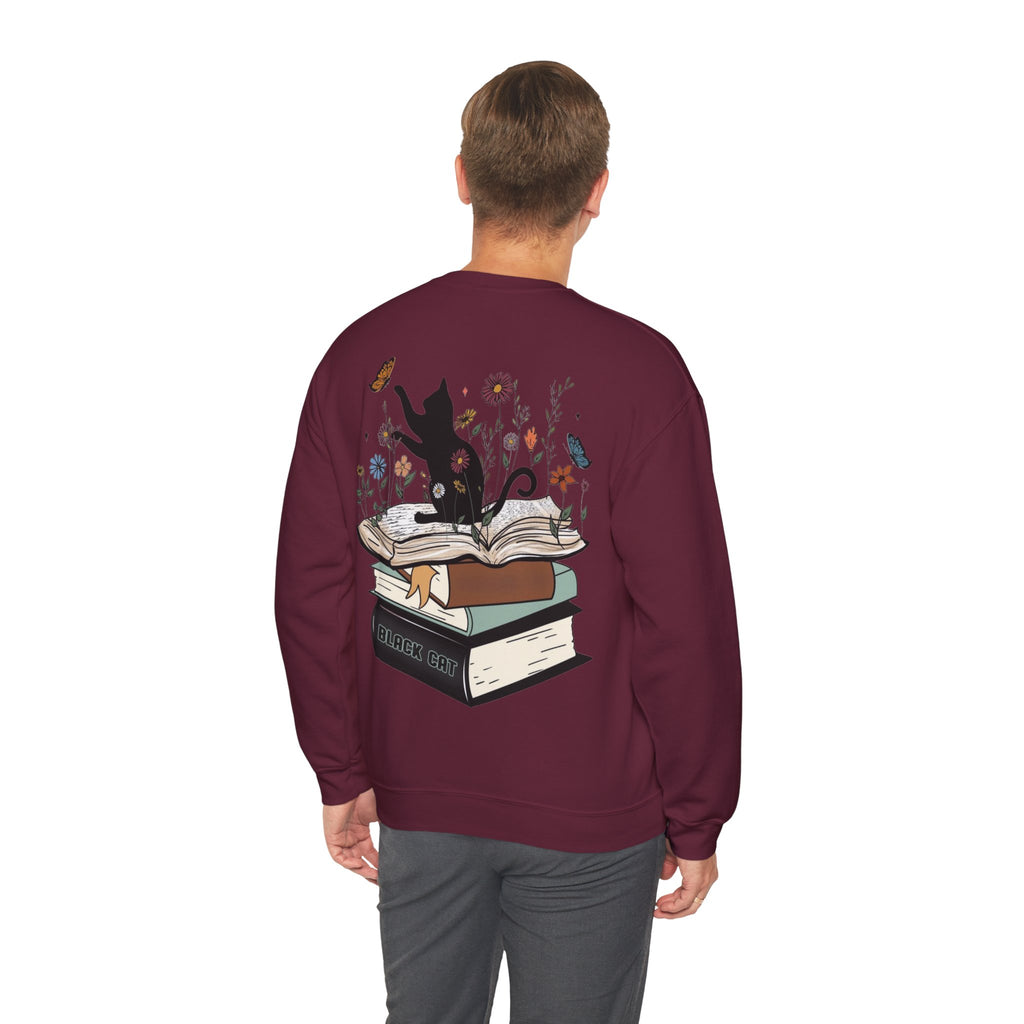 ORVIAN — Life Is Better With Flowers, Cats & Books Crewneck, Black Cat Book Stack Unisex