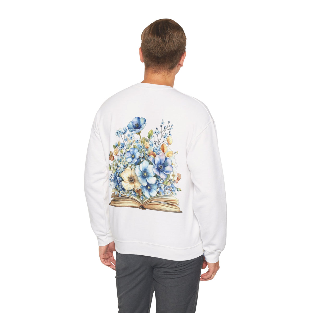 ORVIAN — Blue Watercolor Floral Book Crewneck, Open Book Wildflower Literary Unisex Heavy Blend