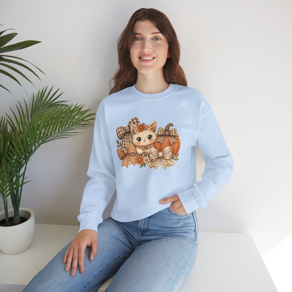 ORVIAN — Fall Kitten & Coquette Ghost Crewneck, Gingham Pumpkin Autumn Unisex Heavy Blend