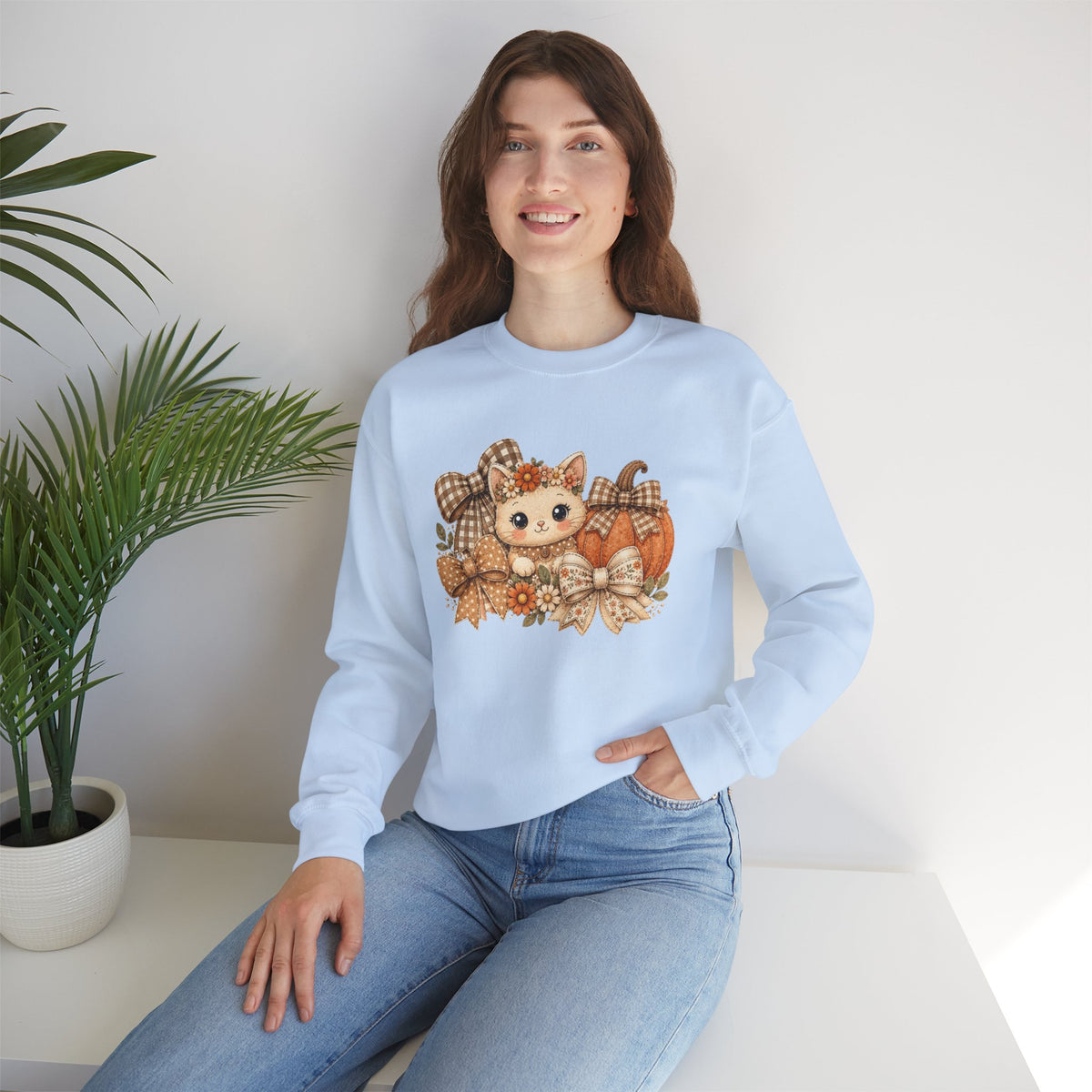ORVIAN — Fall Kitten & Coquette Ghost Crewneck, Gingham Pumpkin Autumn Unisex Heavy Blend