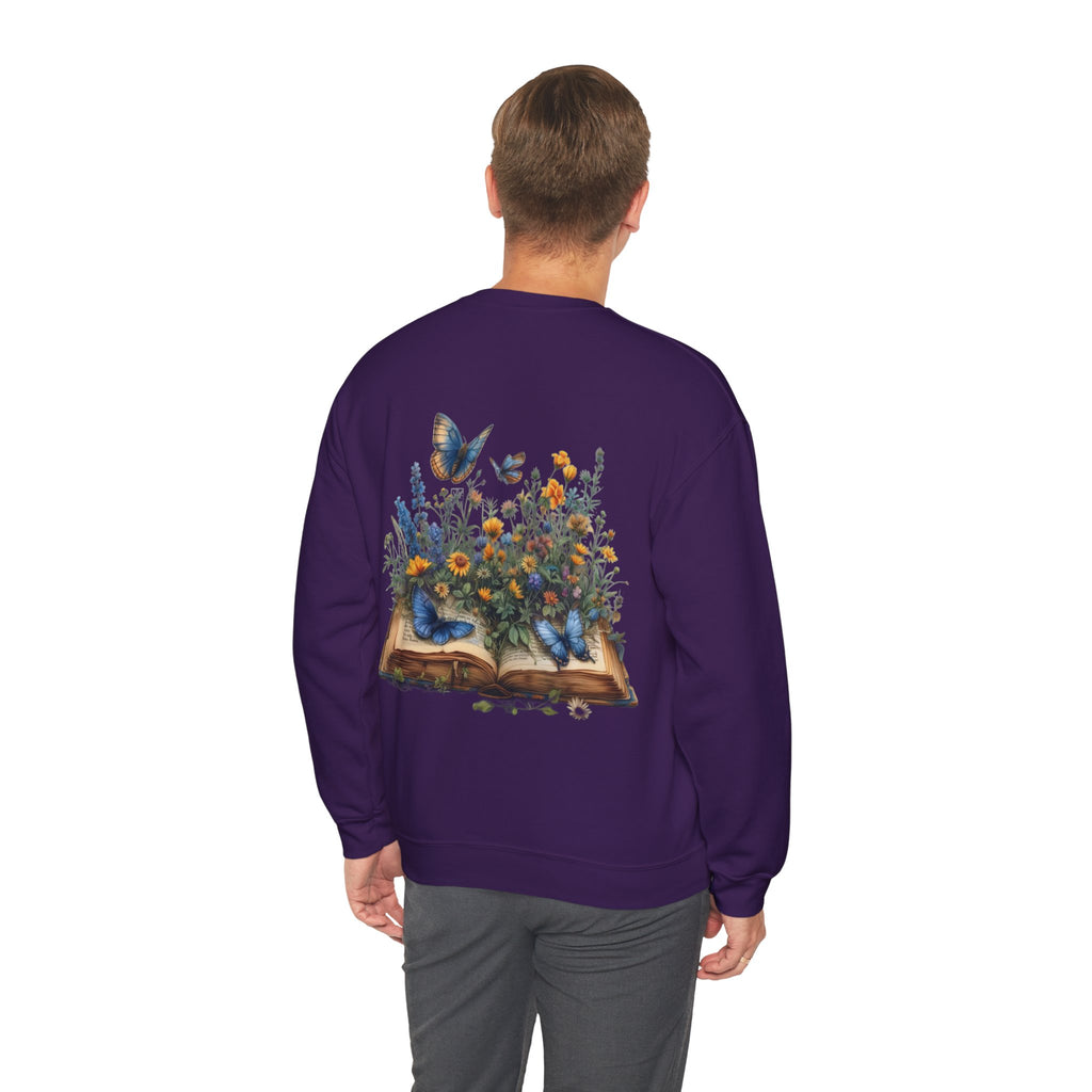 ORVIAN — Watercolor Floral Book & Butterfly Crewneck, Literary Nature Unisex Heavy Blend