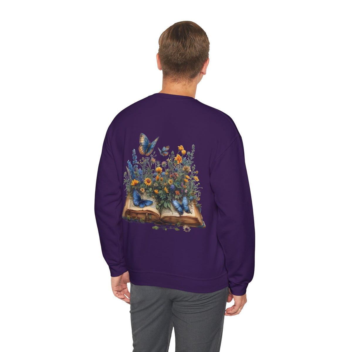 ORVIAN — Watercolor Floral Book & Butterfly Crewneck, Literary Nature Unisex Heavy Blend