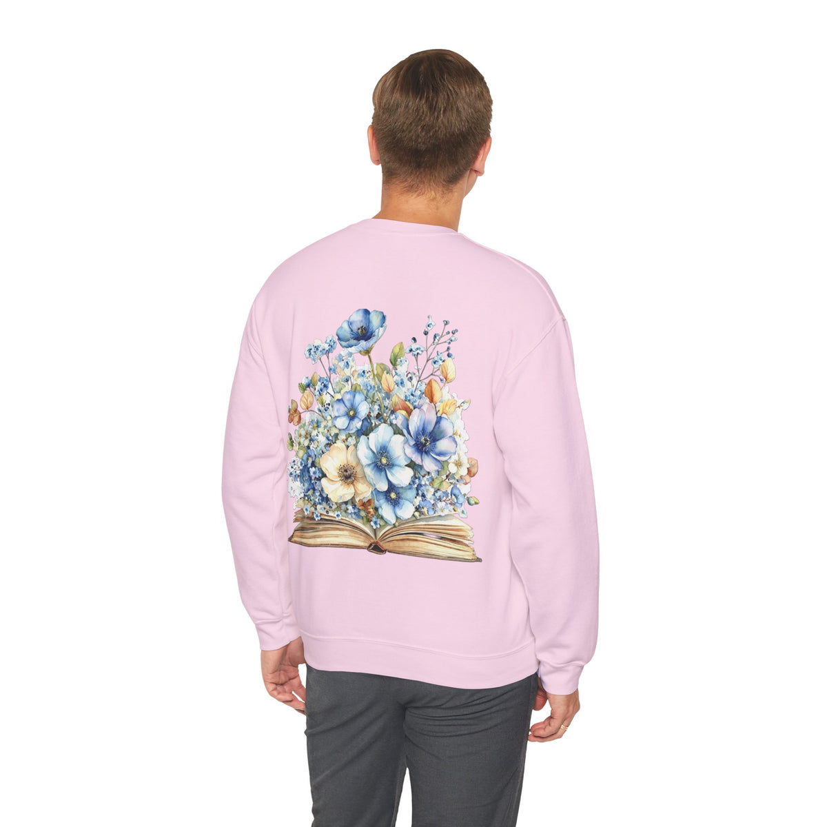 ORVIAN — Blue Watercolor Floral Book Crewneck, Open Book Wildflower Literary Unisex Heavy Blend