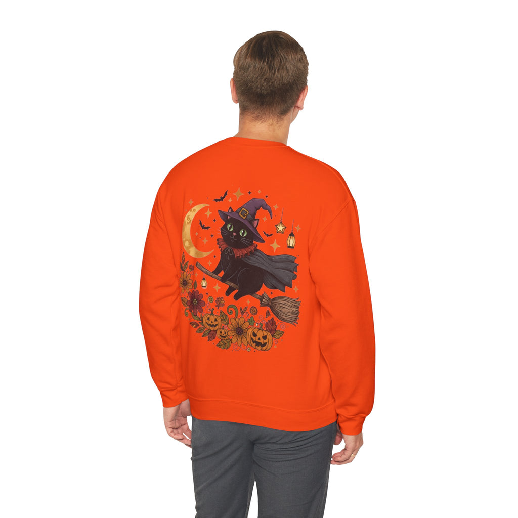 ORVIAN — Witch Cat Halloween Crewneck, Flying Black Cat & Pumpkin Patch Unisex Sweatshirt