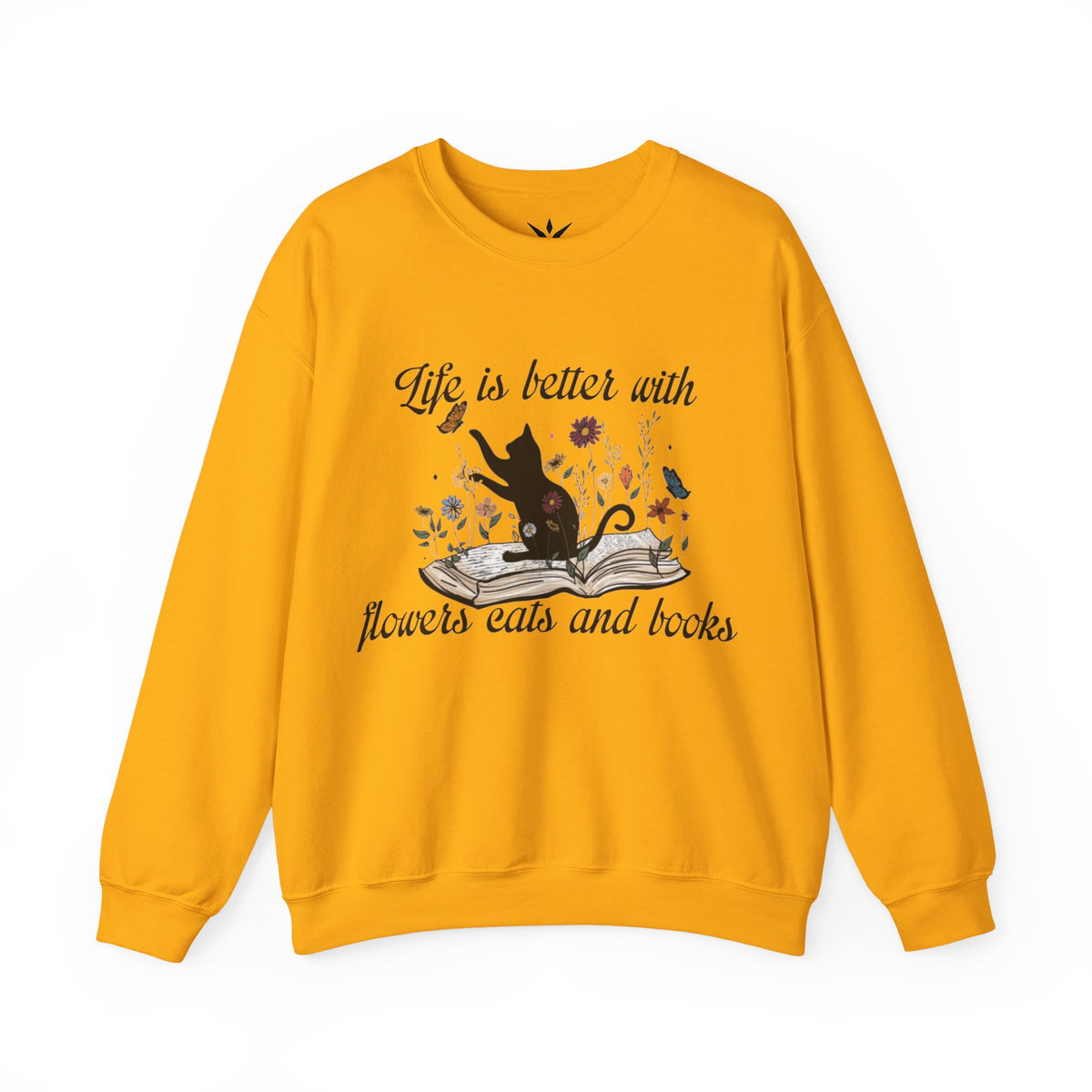 ORVIAN — Life Is Better With Flowers, Cats & Books Crewneck, Black Cat Book Stack Unisex