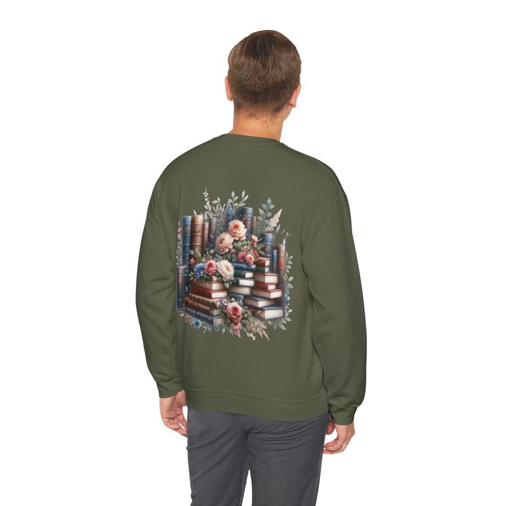 ORVIAN — Blue Watercolor Floral Book Crewneck, Open Book Wildflower Literary Unisex Heavy Blend