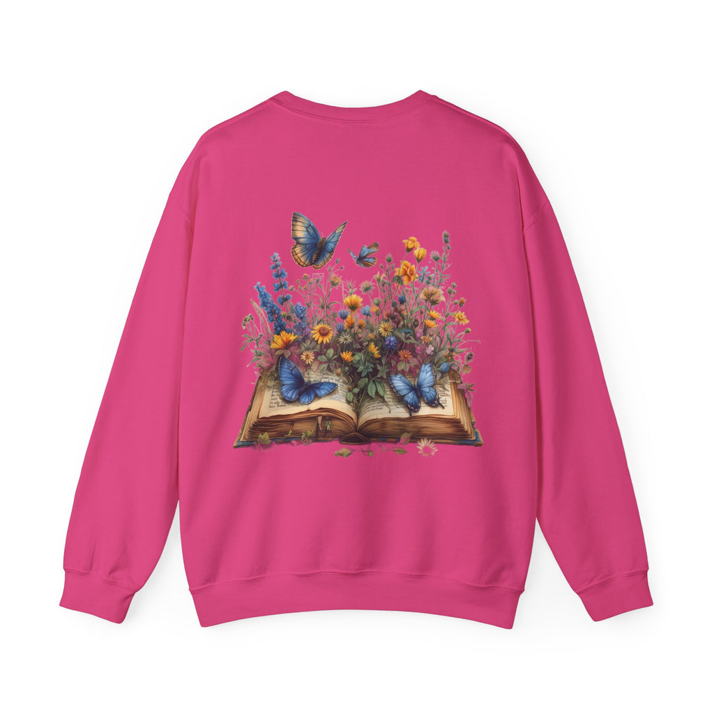 ORVIAN — Watercolor Floral Book & Butterfly Crewneck, Literary Nature Unisex Heavy Blend