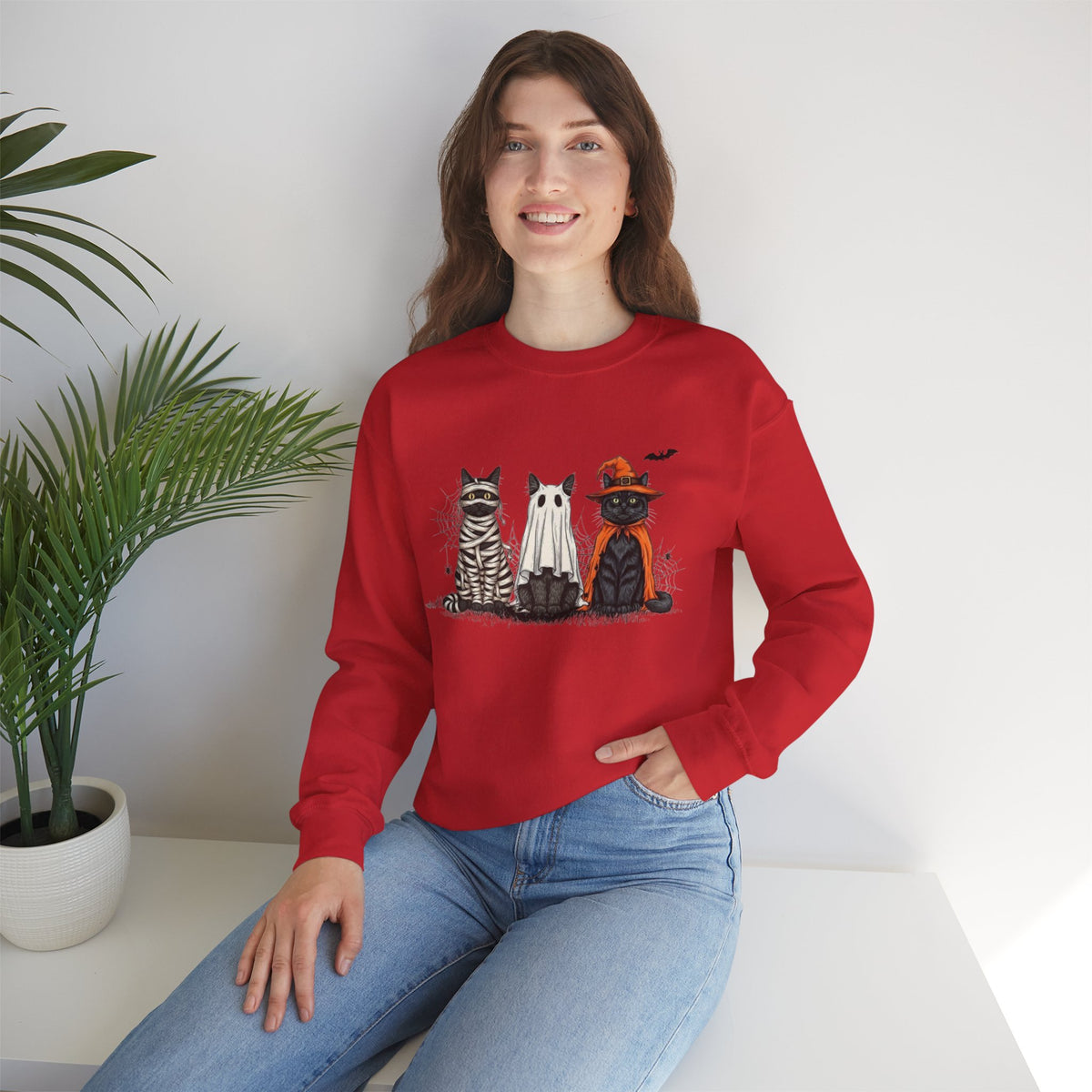 ORVIAN — Halloween Cats & Ghosts Crewneck, Spooky Cute Black Cat Unisex Sweatshirt