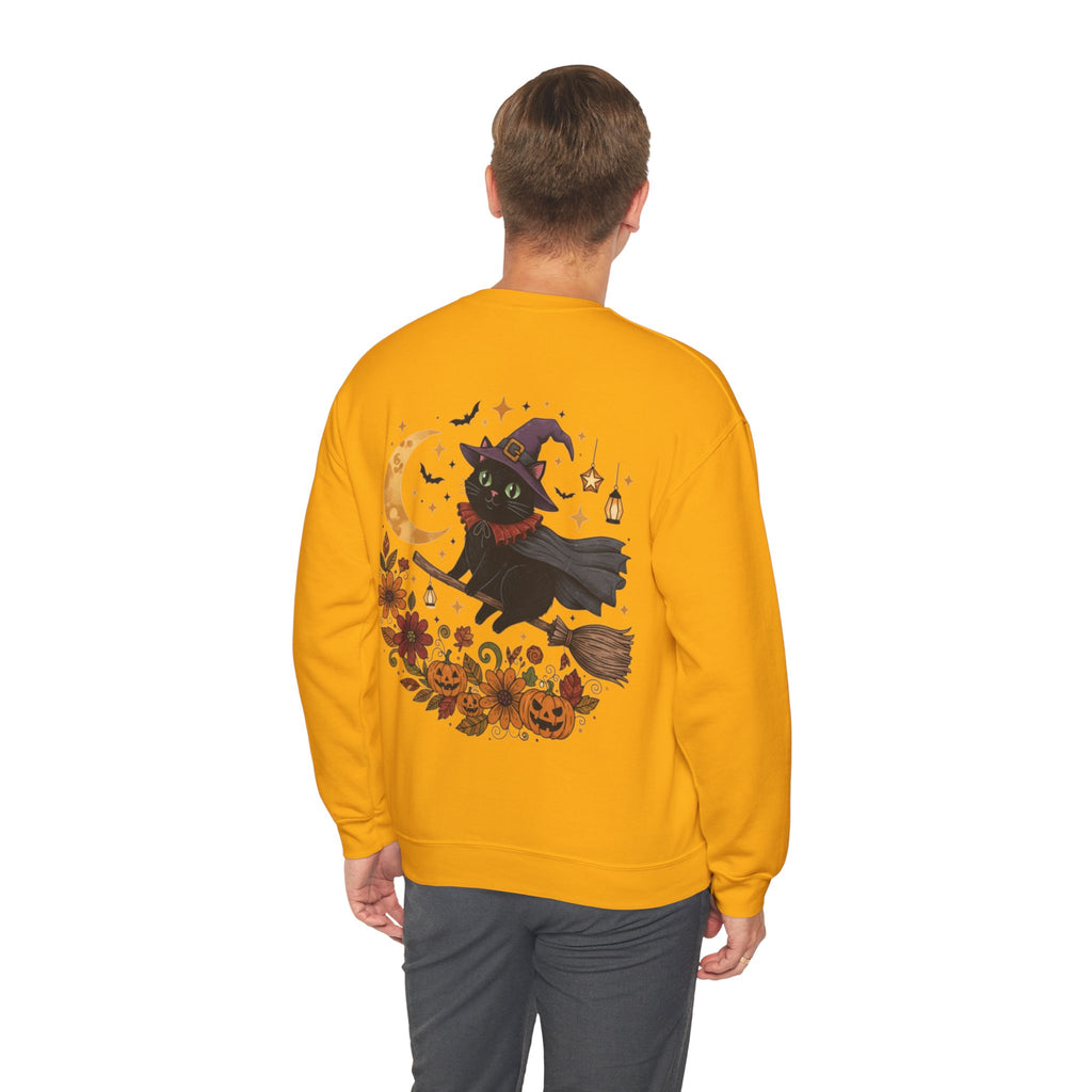 ORVIAN — Witch Cat Halloween Crewneck, Flying Black Cat & Pumpkin Patch Unisex Sweatshirt