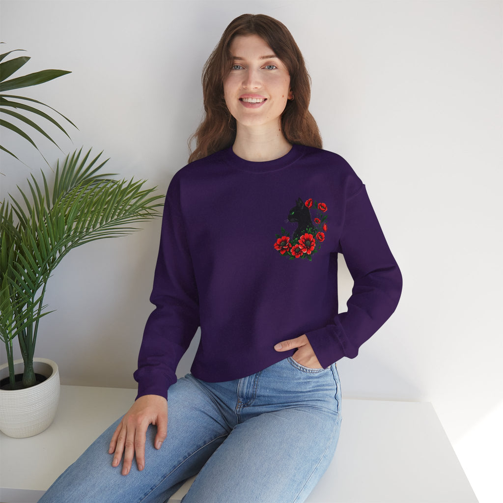 ORVIAN — Black Cat & Red Poppies Floral Crewneck, Elegant Nature Unisex Heavy Blend