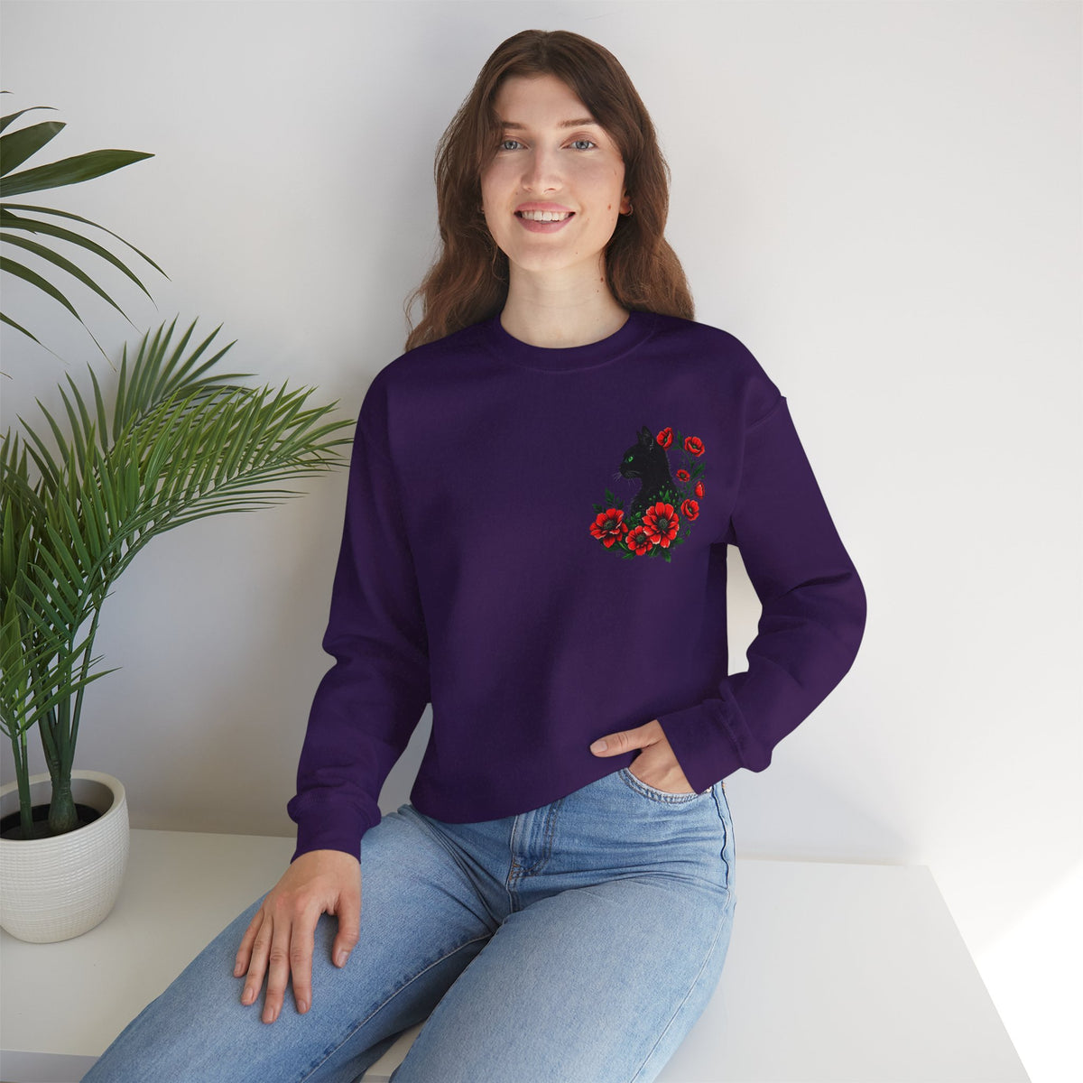 ORVIAN — Black Cat & Red Poppies Floral Crewneck, Elegant Nature Unisex Heavy Blend