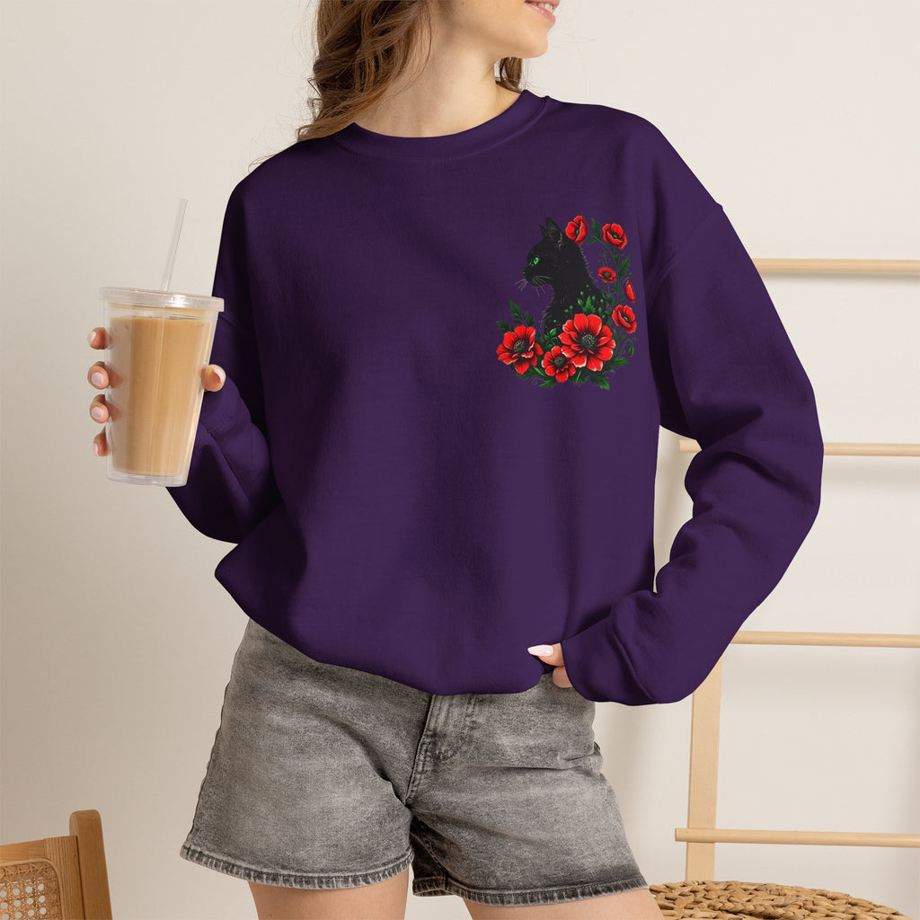 ORVIAN — Black Cat & Red Poppies Floral Crewneck, Elegant Nature Unisex Heavy Blend