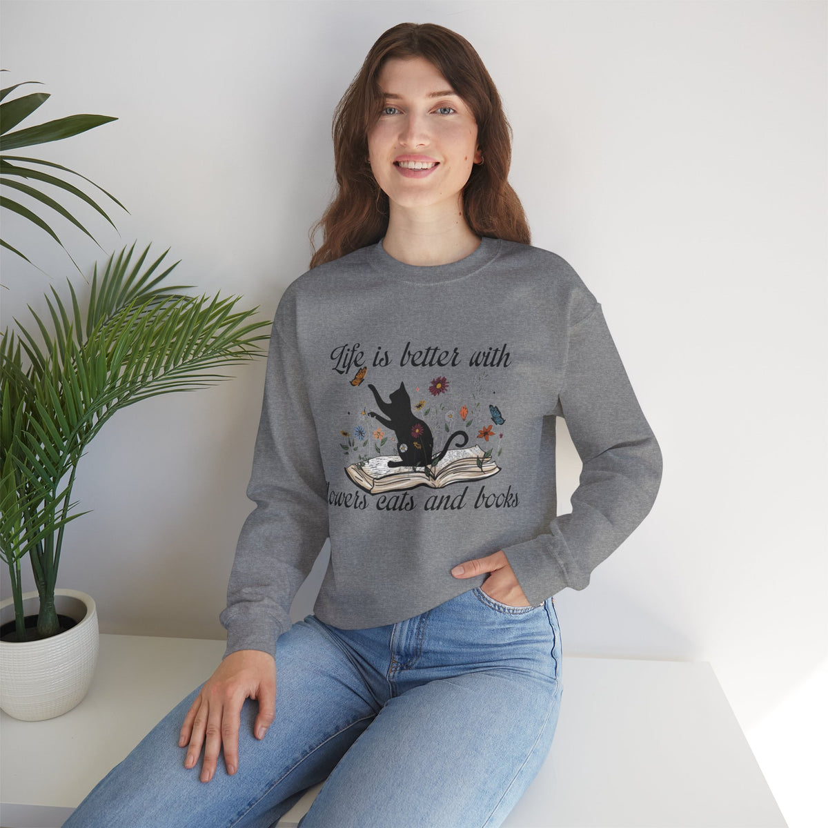ORVIAN — Life Is Better With Flowers, Cats & Books Crewneck, Black Cat Book Stack Unisex