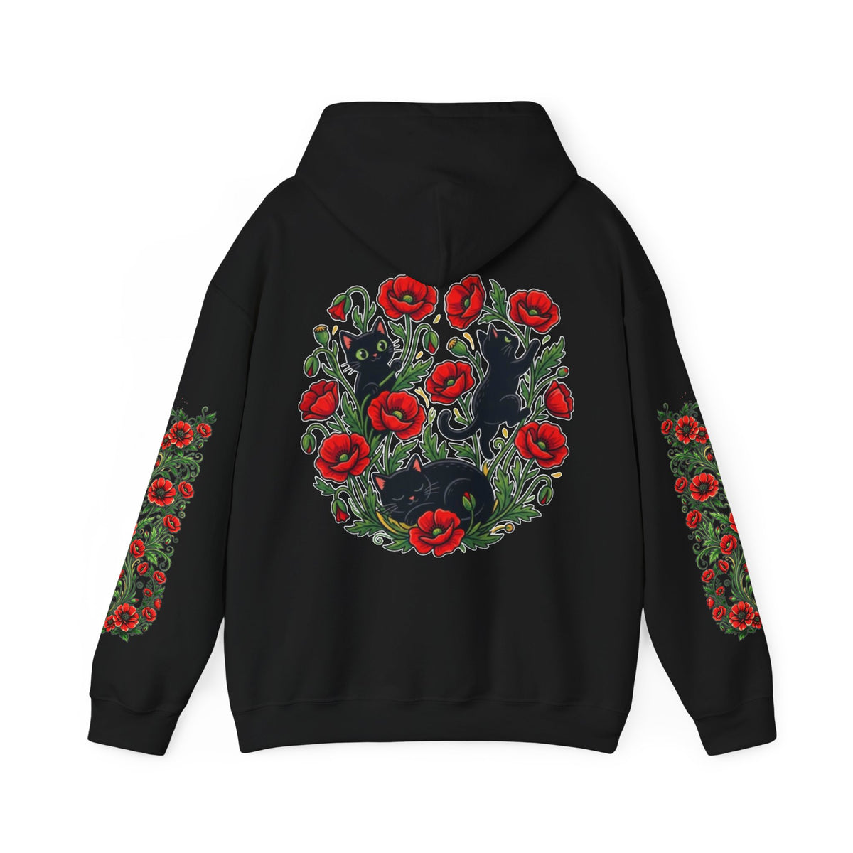 ORVIAN — Black Cat & Red Poppies Unisex Heavy Blend Hoodie