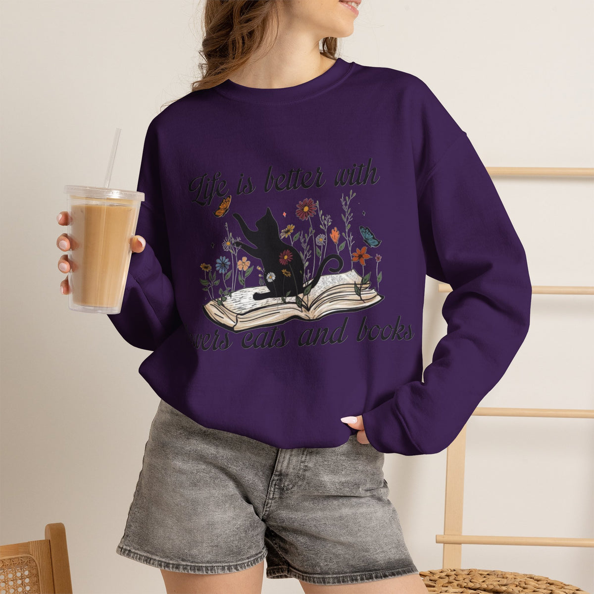 ORVIAN — Life Is Better With Flowers, Cats & Books Crewneck, Black Cat Book Stack Unisex