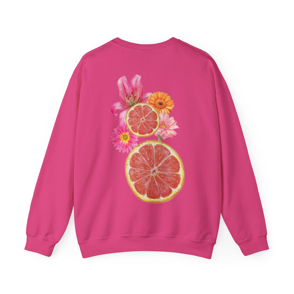 ORVIAN — Tropical Citrus & Pink Floral Crewneck, Grapefruit Orange Watercolor Unisex Heavy Blend