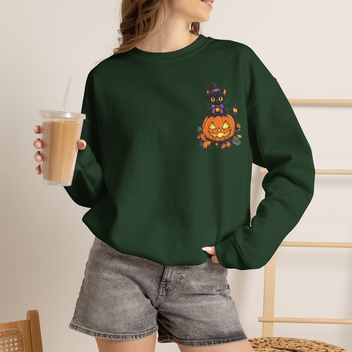 ORVIAN — Witch Cat Halloween Crewneck, Flying Black Cat & Pumpkin Patch Unisex Sweatshirt