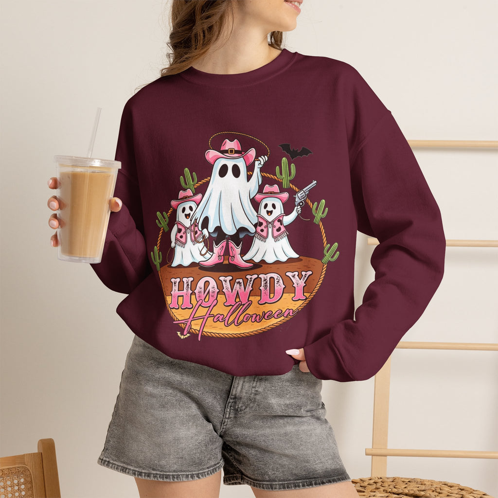 ORVIAN — Howdy Halloween Ghost Cowboy Crewneck, Pink Cowboo Western Unisex Heavy Blend