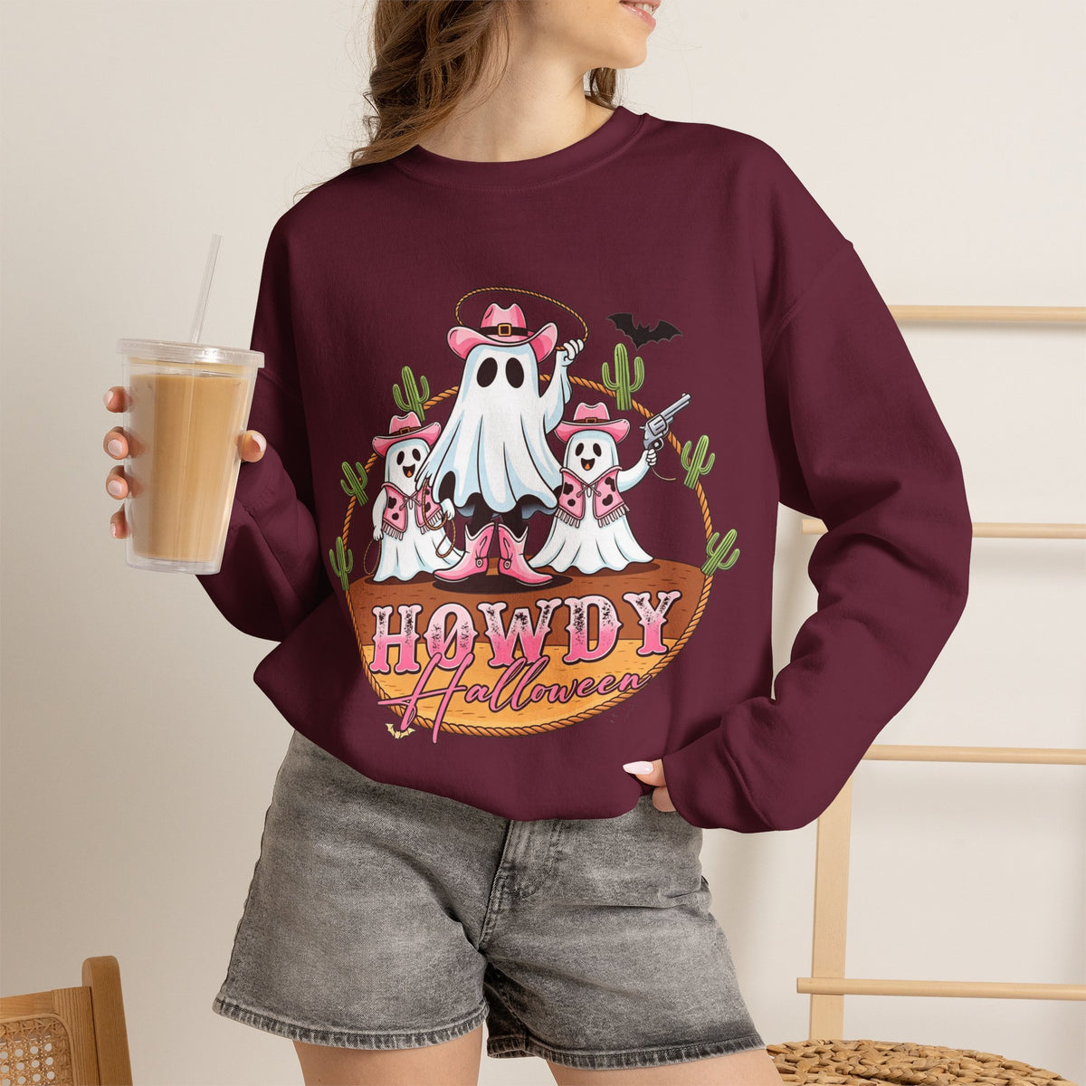 ORVIAN — Howdy Halloween Ghost Cowboy Crewneck, Pink Cowboo Western Unisex Heavy Blend