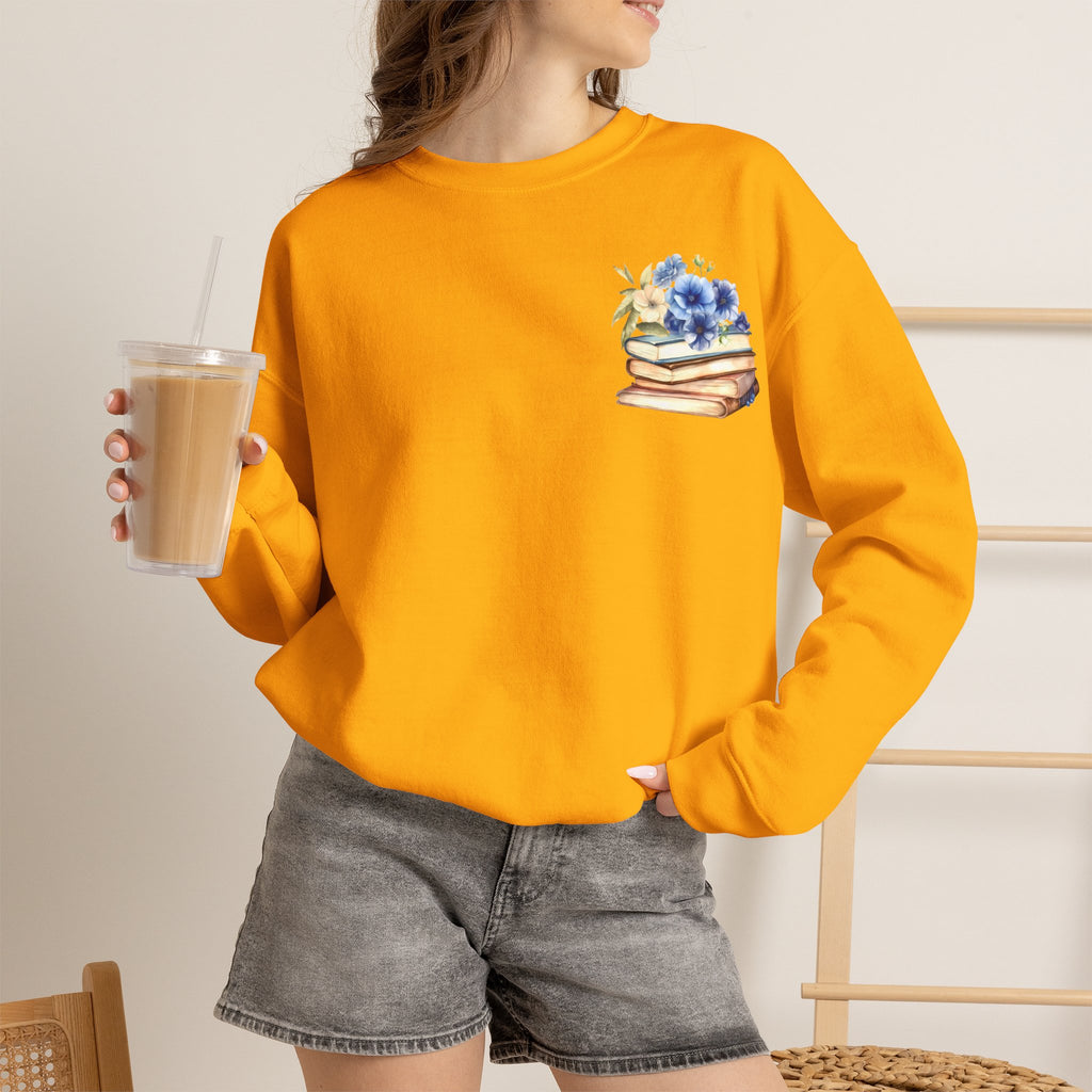 ORVIAN — Blue Watercolor Floral Book Crewneck, Open Book Wildflower Literary Unisex Heavy Blend