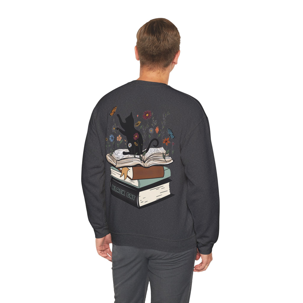 ORVIAN — Life Is Better With Flowers, Cats & Books Crewneck, Black Cat Book Stack Unisex
