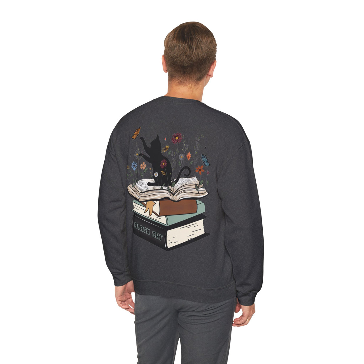 ORVIAN — Life Is Better With Flowers, Cats & Books Crewneck, Black Cat Book Stack Unisex