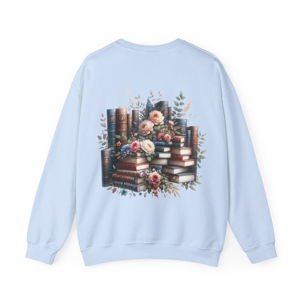 ORVIAN — Blue Watercolor Floral Book Crewneck, Open Book Wildflower Literary Unisex Heavy Blend