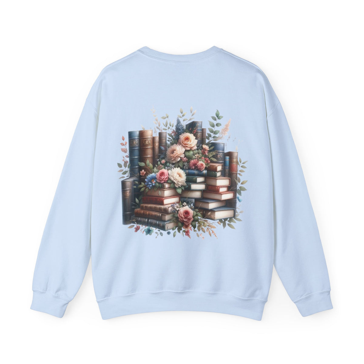 ORVIAN — Blue Watercolor Floral Book Crewneck, Open Book Wildflower Literary Unisex Heavy Blend