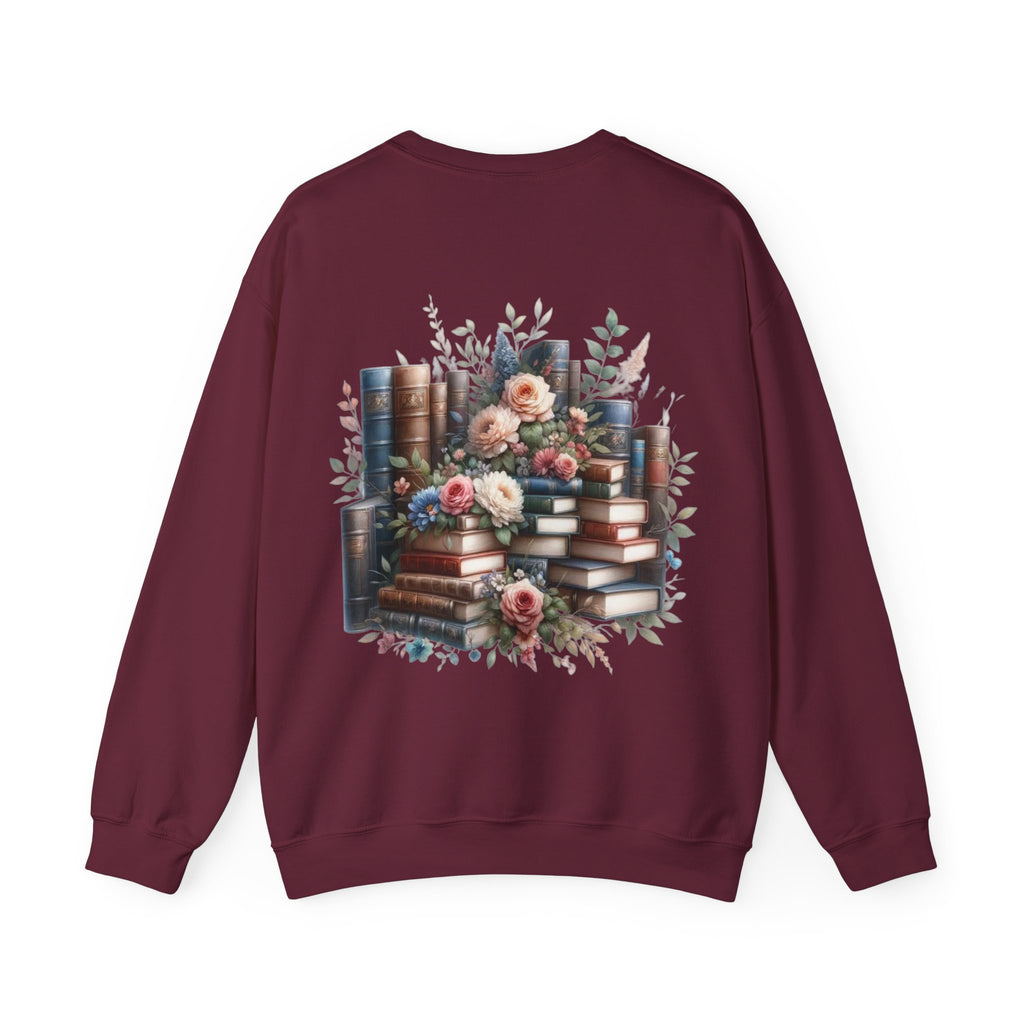 ORVIAN — Blue Watercolor Floral Book Crewneck, Open Book Wildflower Literary Unisex Heavy Blend