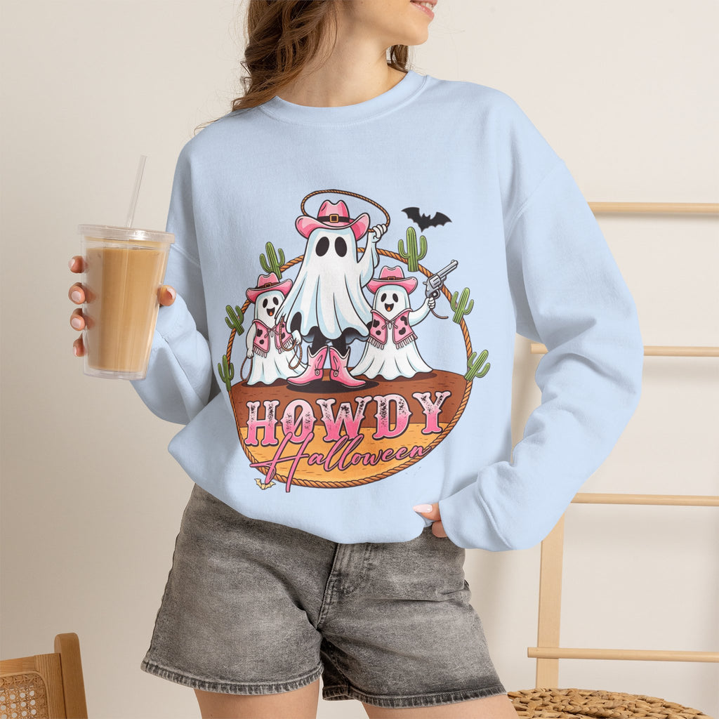 ORVIAN — Howdy Halloween Ghost Cowboy Crewneck, Pink Cowboo Western Unisex Heavy Blend