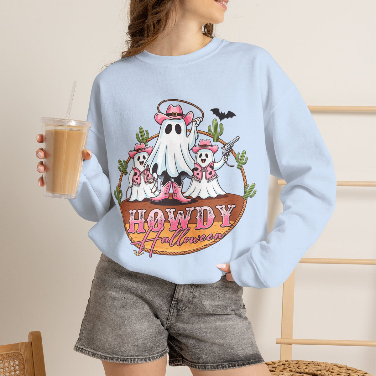 ORVIAN — Howdy Halloween Ghost Cowboy Crewneck, Pink Cowboo Western Unisex Heavy Blend