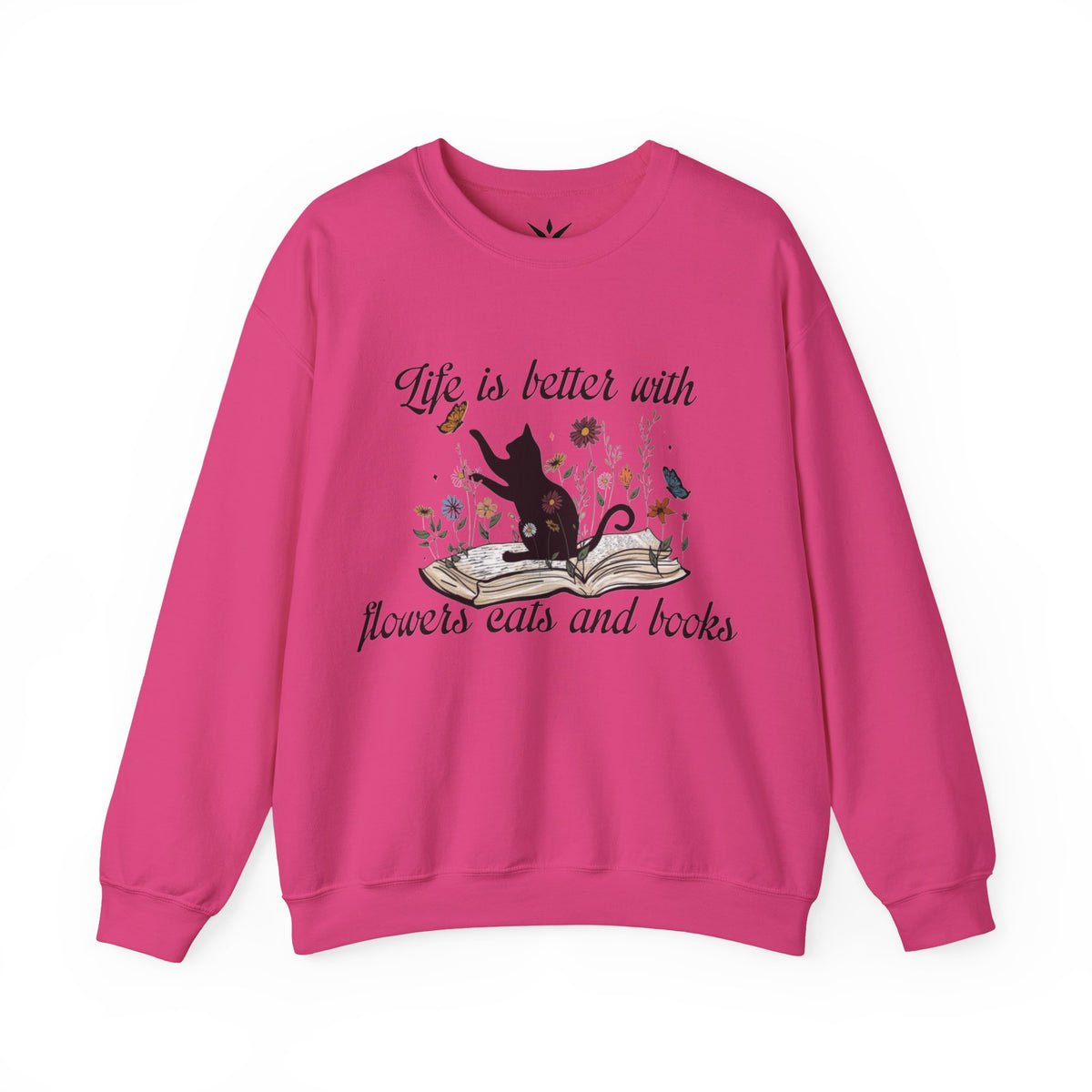 ORVIAN — Life Is Better With Flowers, Cats & Books Crewneck, Black Cat Book Stack Unisex