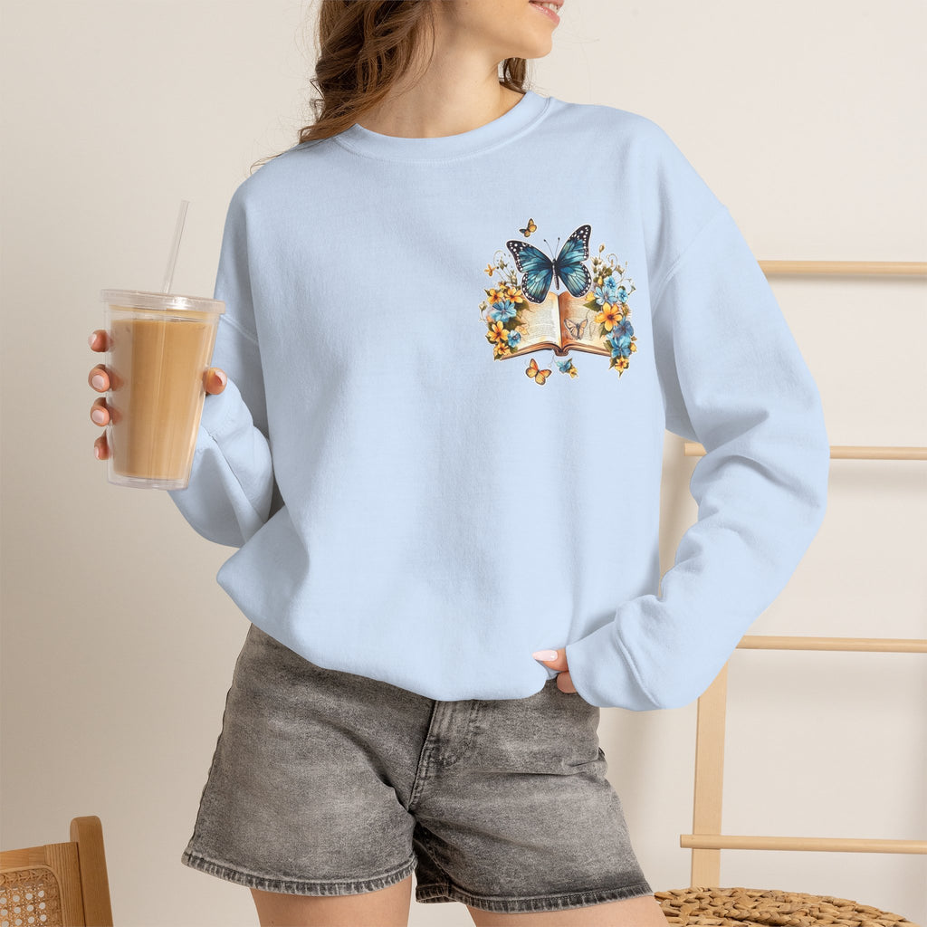 ORVIAN — Watercolor Floral Book & Butterfly Crewneck, Literary Nature Unisex Heavy Blend