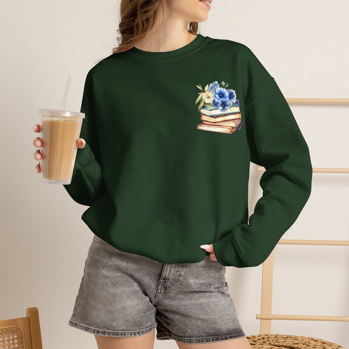 ORVIAN — Blue Watercolor Floral Book Crewneck, Open Book Wildflower Literary Unisex Heavy Blend