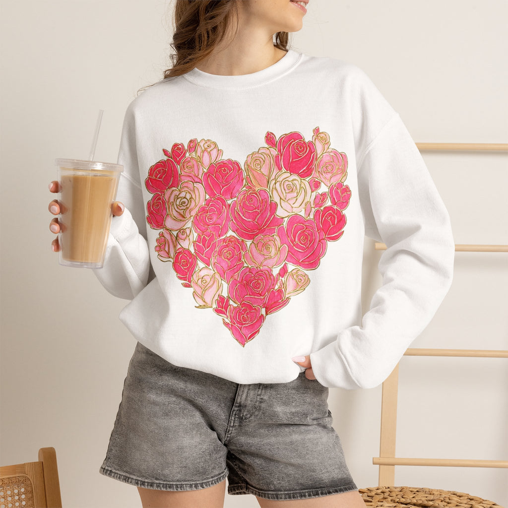ORVIAN — Floral Rose Heart Crewneck, Romantic Pink Flower Valentine Sweatshirt, Unisex Heavy Blend