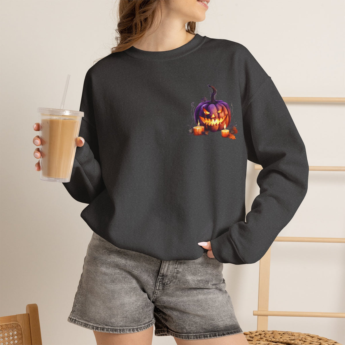 ORVIAN — Watercolor Haunted Castle Halloween Crewneck, Purple Jack-o'-Lantern Unisex Heavy Blend