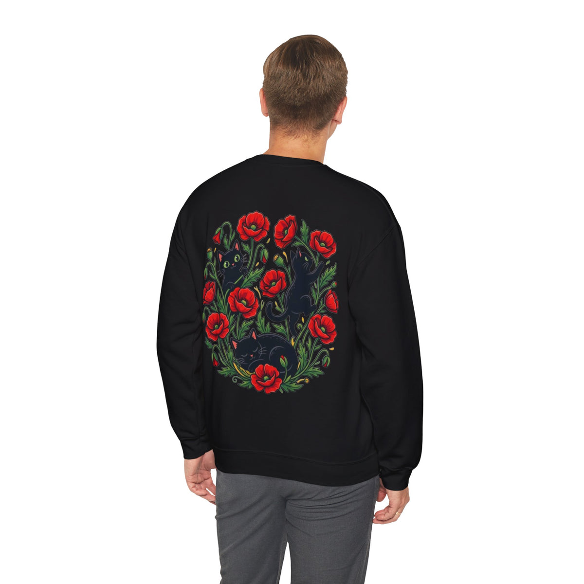ORVIAN — Black Cat & Red Poppies Floral Crewneck, Elegant Nature Unisex Heavy Blend