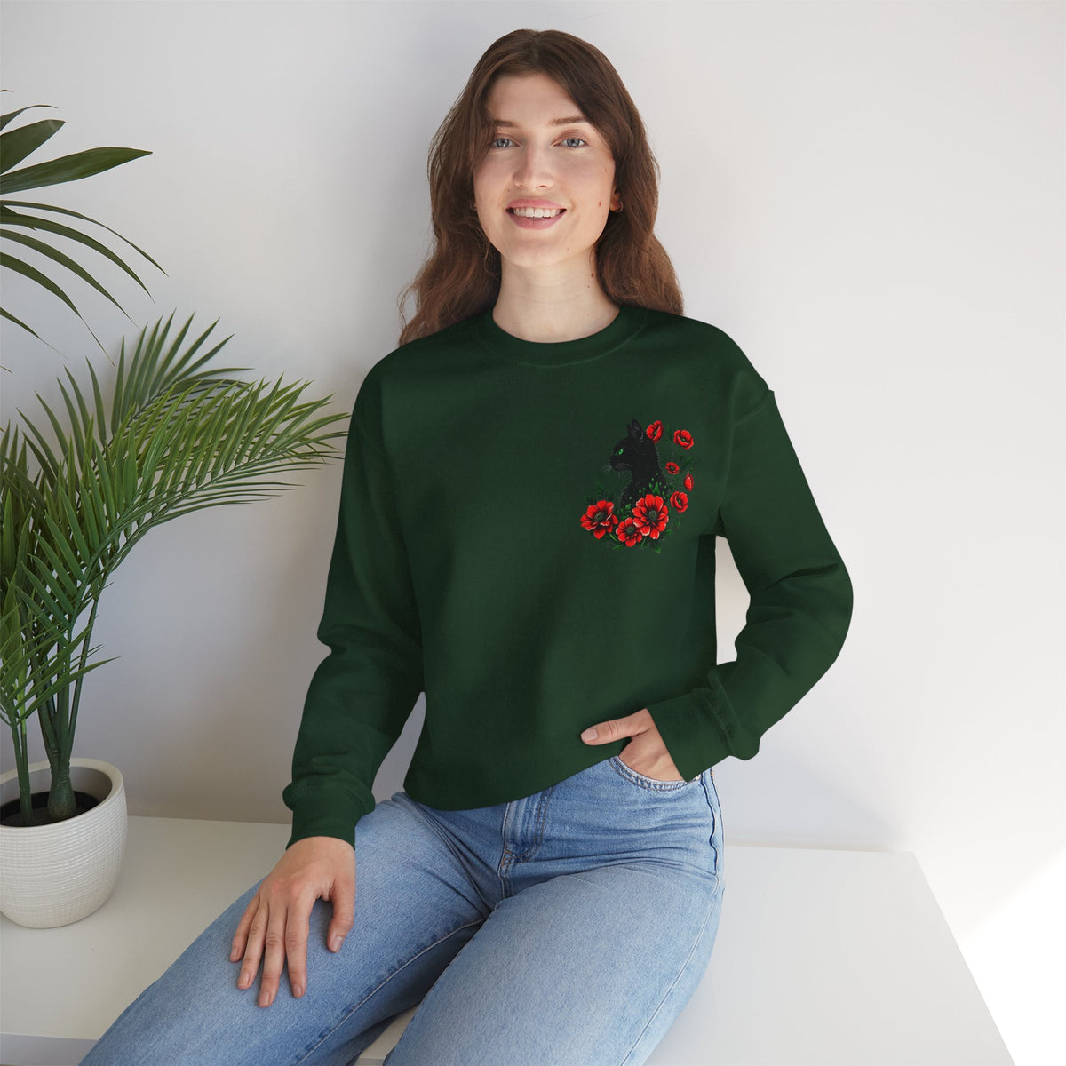 ORVIAN — Black Cat & Red Poppies Floral Crewneck, Elegant Nature Unisex Heavy Blend