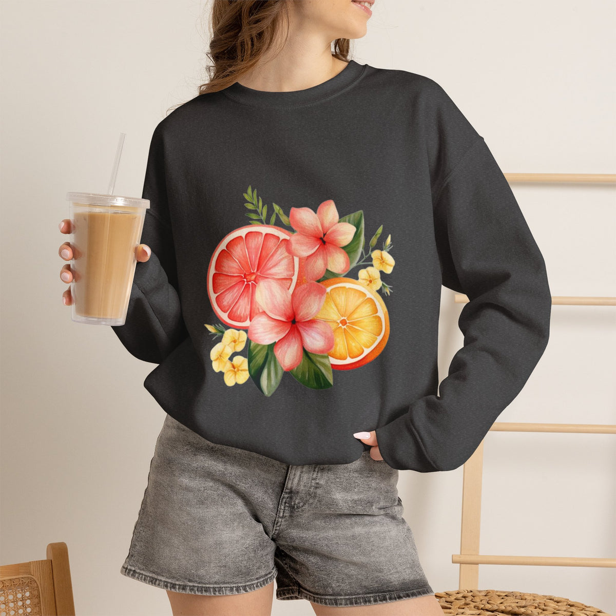 ORVIAN — Tropical Citrus & Pink Floral Crewneck, Grapefruit Orange Watercolor Unisex Heavy Blend