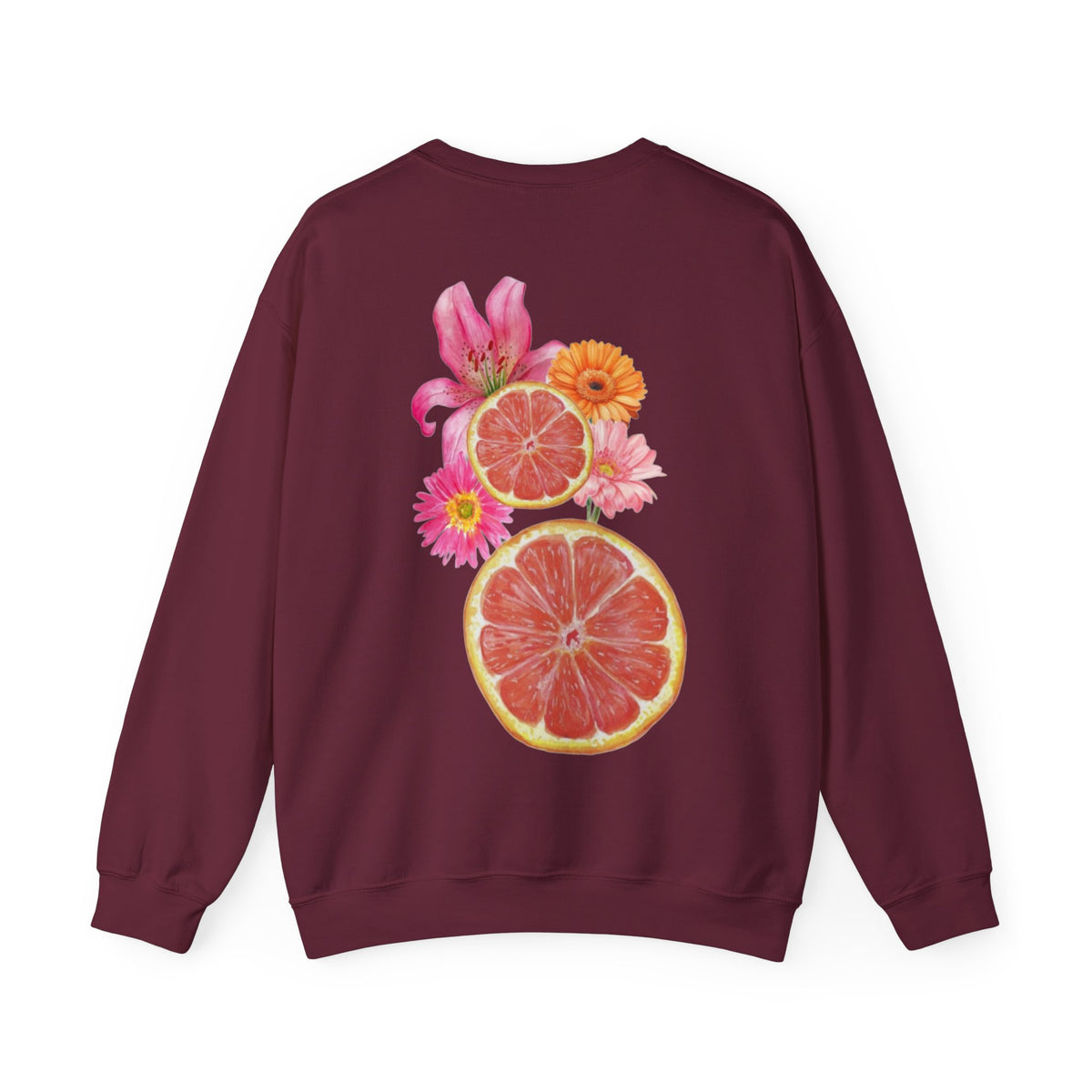 ORVIAN — Tropical Citrus & Pink Floral Crewneck, Grapefruit Orange Watercolor Unisex Heavy Blend