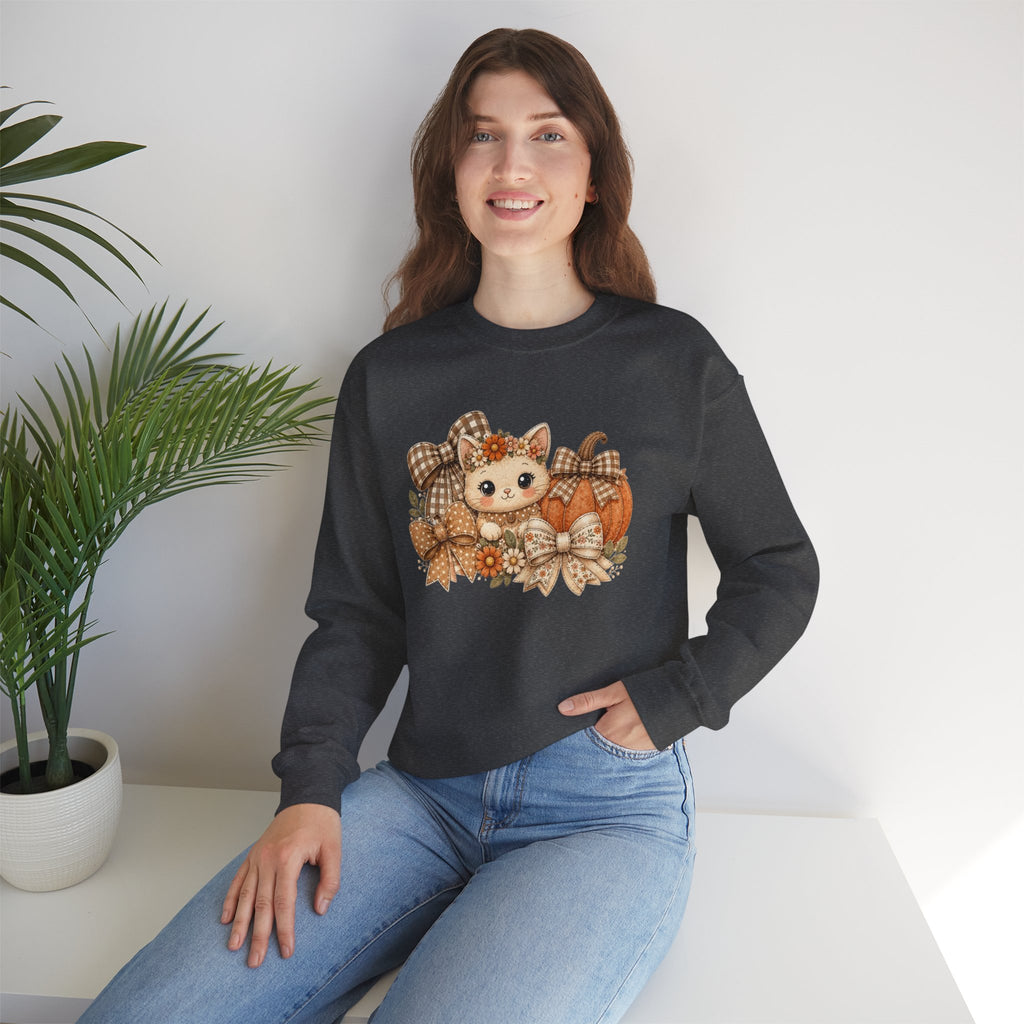 ORVIAN — Fall Kitten & Coquette Ghost Crewneck, Gingham Pumpkin Autumn Unisex Heavy Blend