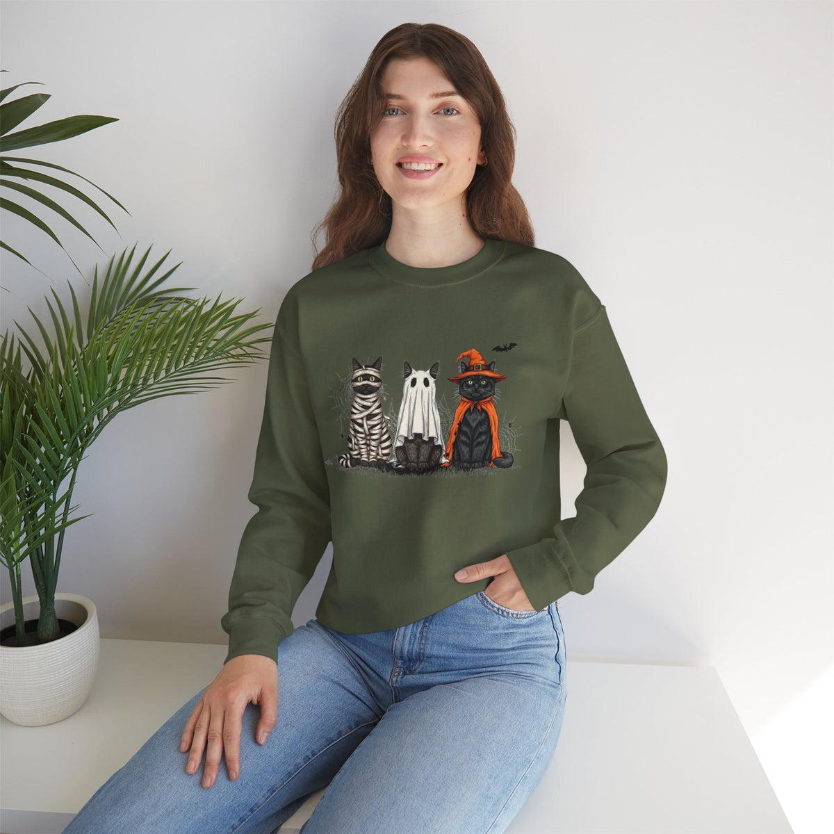ORVIAN — Halloween Cats & Ghosts Crewneck, Spooky Cute Black Cat Unisex Sweatshirt