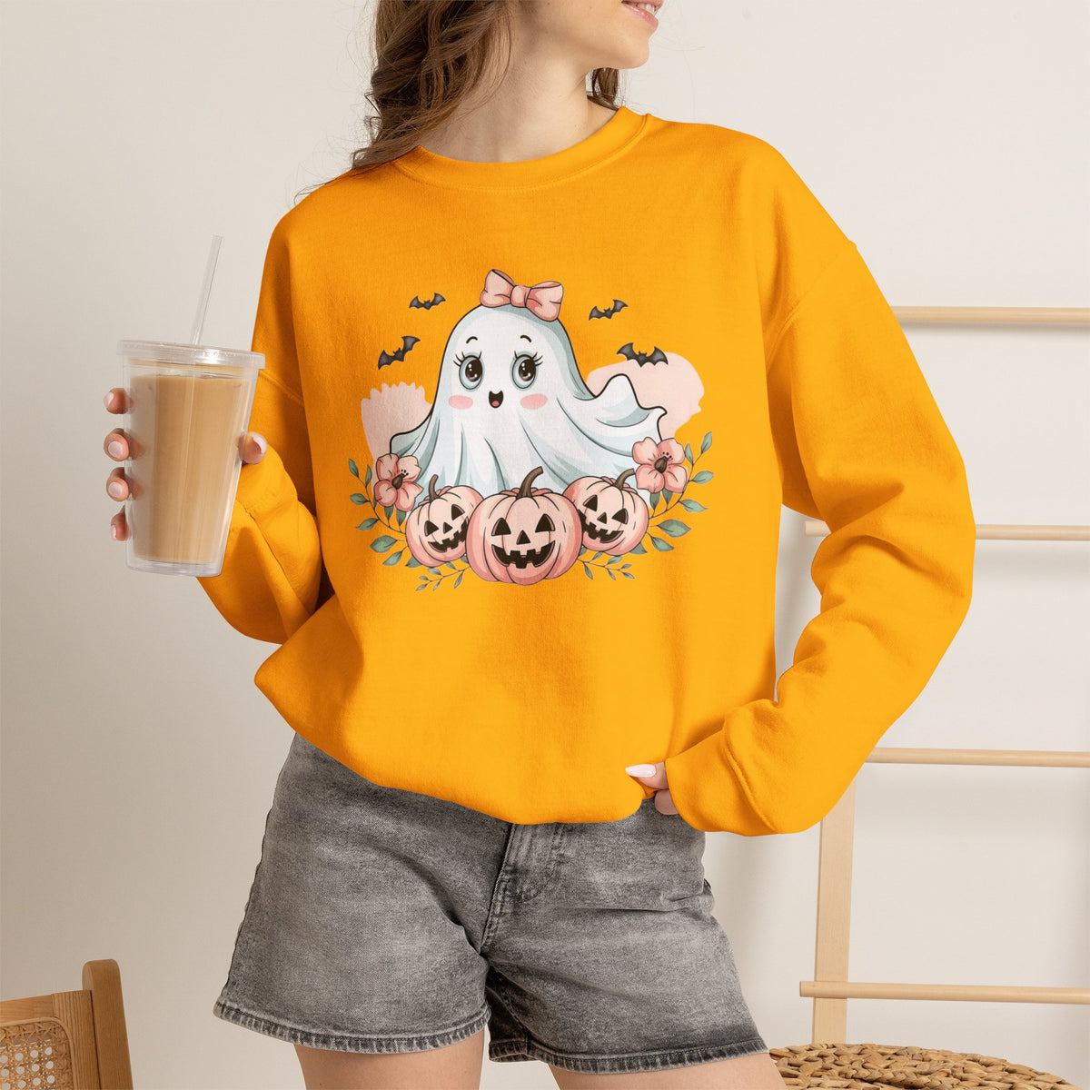ORVIAN — Pink Halloween Coquette Ghost Crewneck, Bow & Pumpkin Unisex Heavy Blend