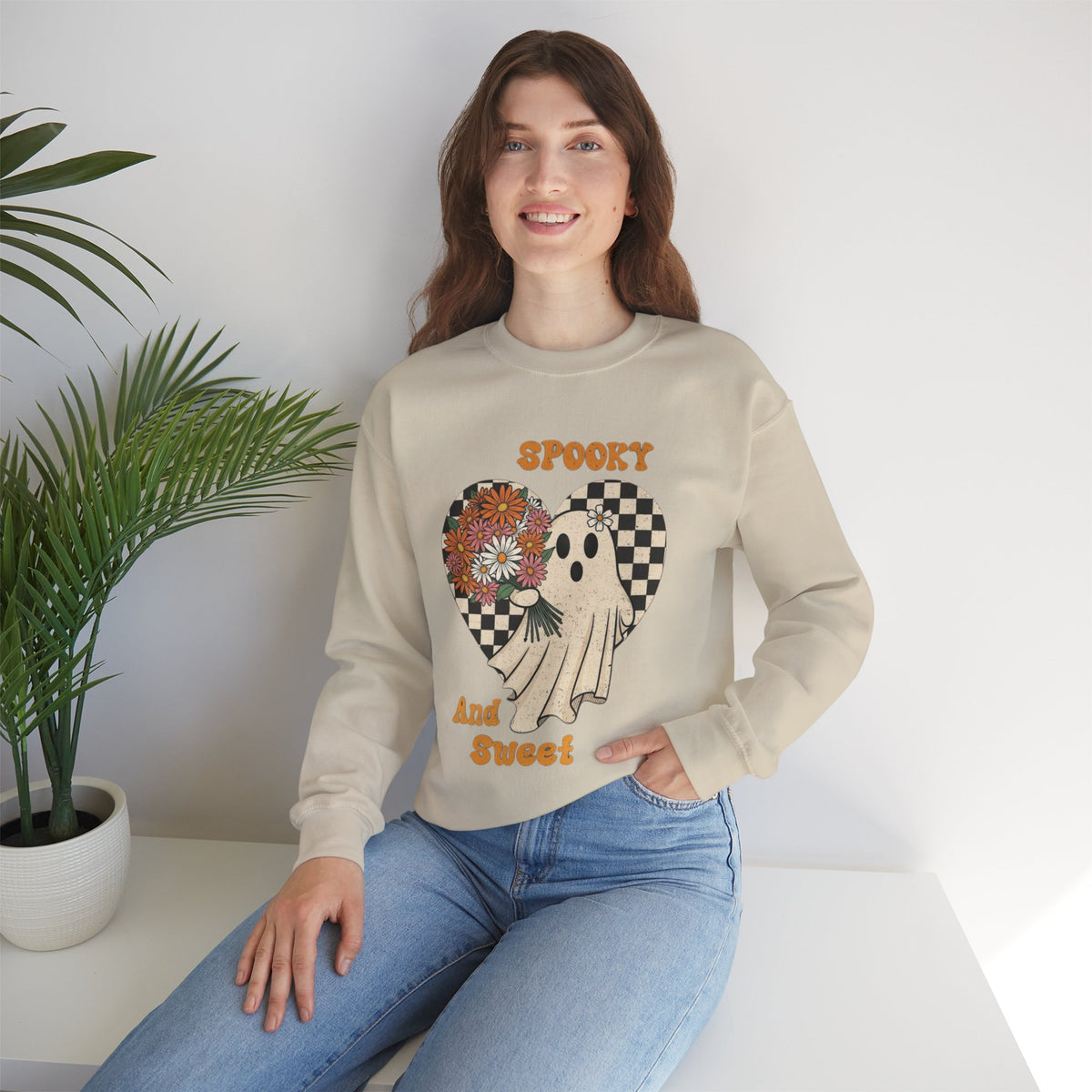 ORVIAN — Spooky & Sweet Ghost Crewneck, Coquette Bow Heart Halloween Unisex Sweatshirt