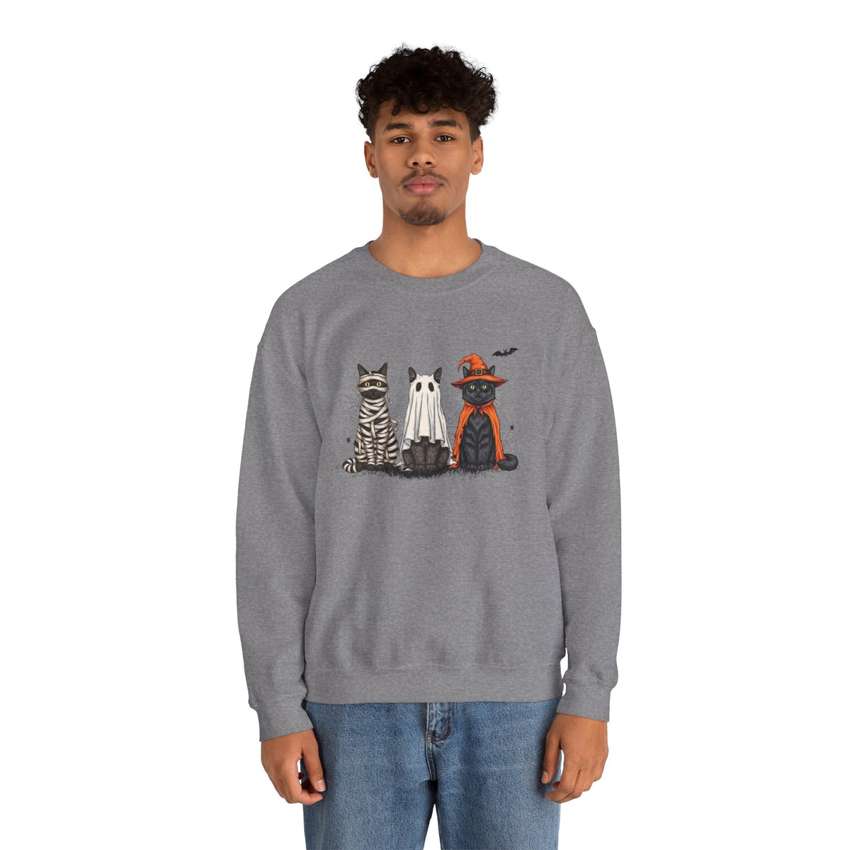 ORVIAN — Halloween Cats & Ghosts Crewneck, Spooky Cute Black Cat Unisex Sweatshirt