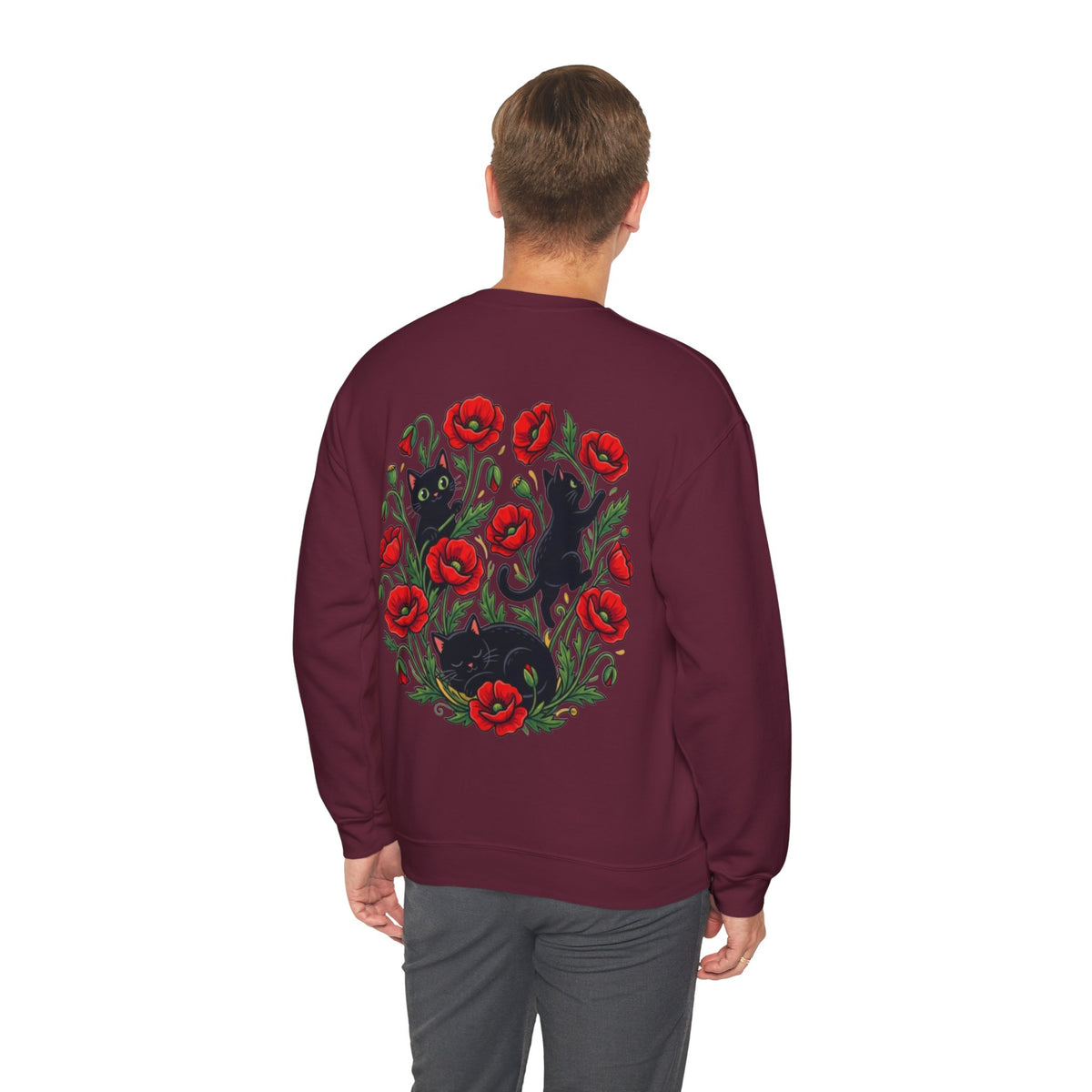 ORVIAN — Black Cat & Red Poppies Floral Crewneck, Elegant Nature Unisex Heavy Blend