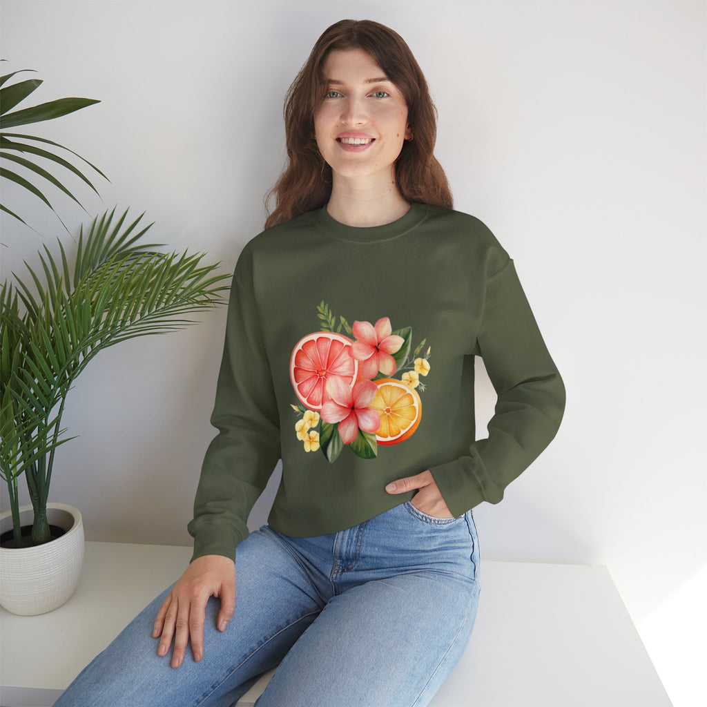 ORVIAN — Tropical Citrus & Pink Floral Crewneck, Grapefruit Orange Watercolor Unisex Heavy Blend