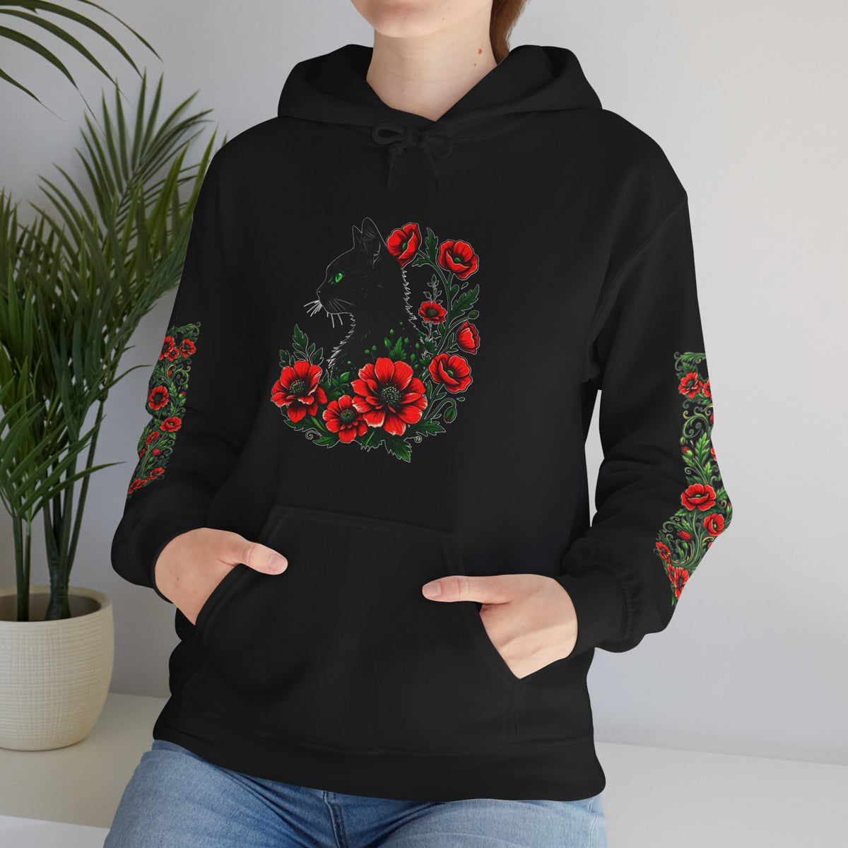 ORVIAN — Black Cat & Red Poppies Unisex Heavy Blend Hoodie